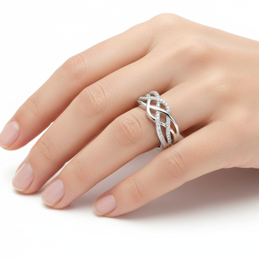 925 Sterling Silver Crossover Pave Diamond Statement Ring