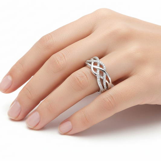 925 Sterling Silver Crossover Pave Diamond Statement Ring