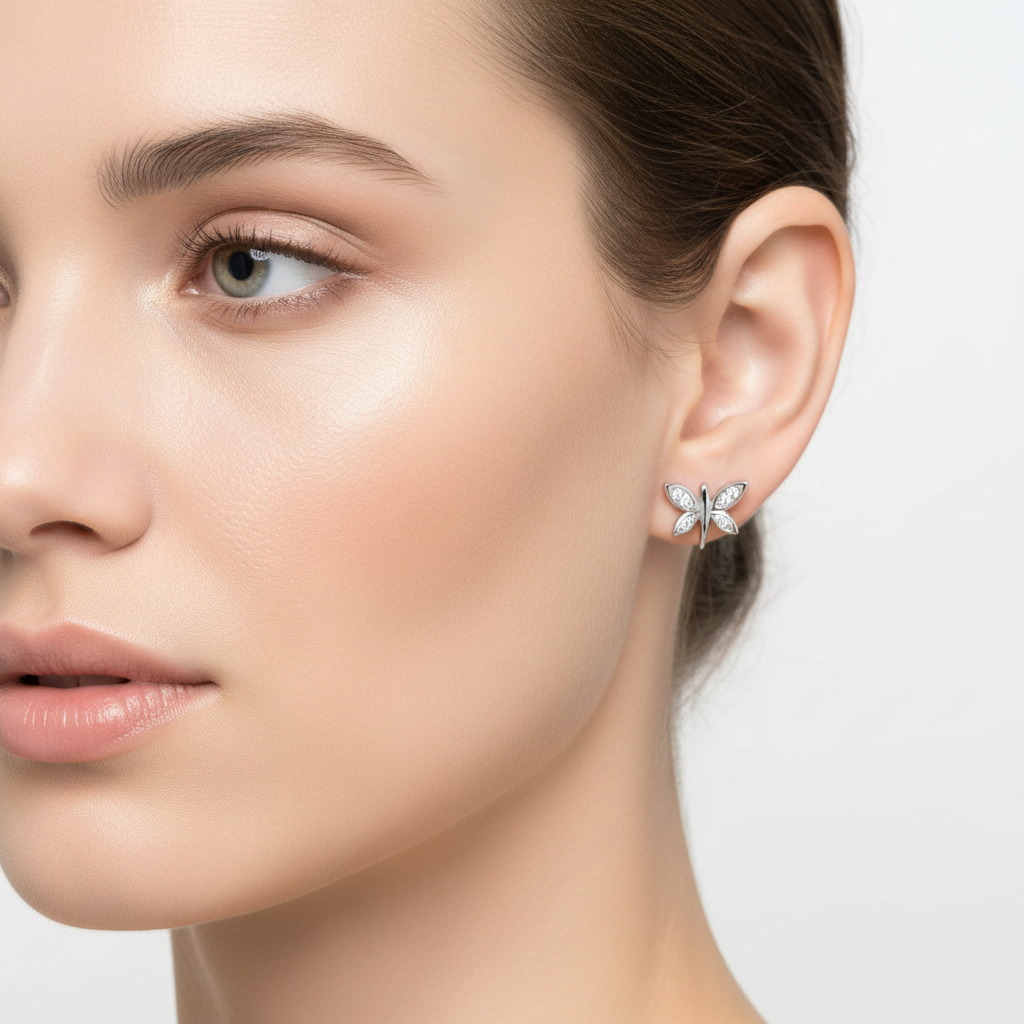 Silver 925 Rhodium Plated Dragonfly Butterfly CZ Stud Earrings