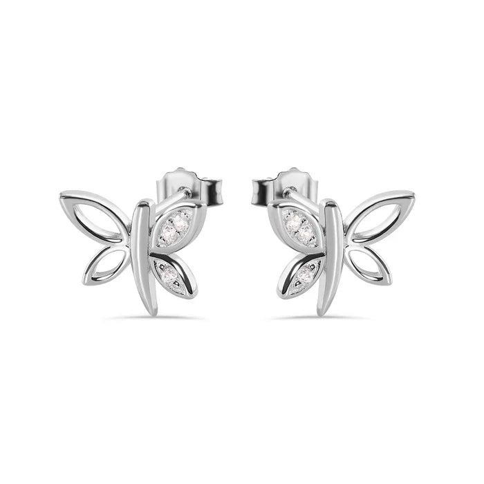 Silver 925 Rhodium Plated Dragonfly Butterfly CZ Stud Earrings