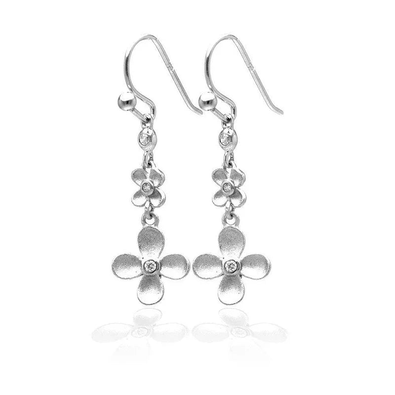 925 Sterling Silver Rhodium Plated Matte Finish Hanging Clover Earring