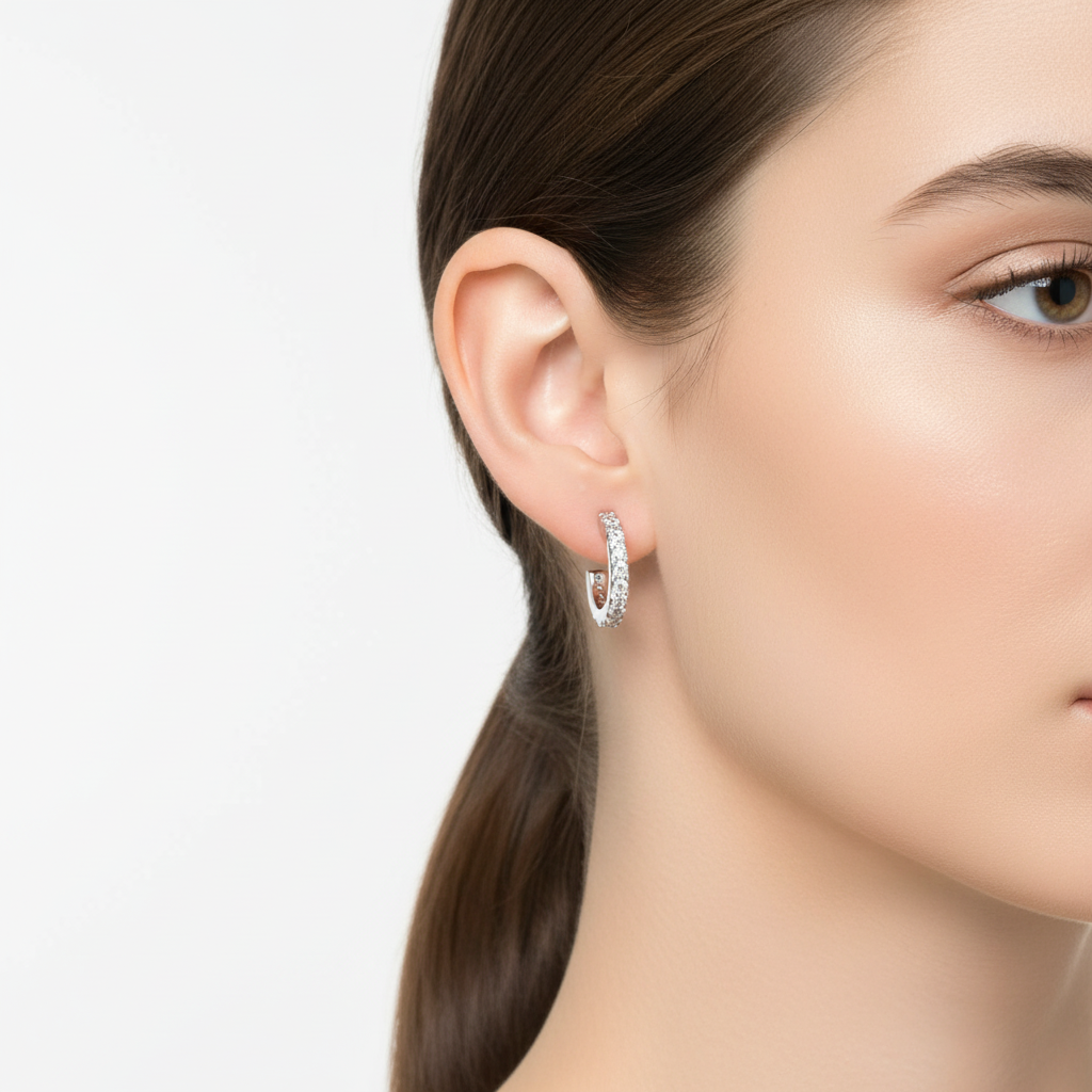 Sterling Silver Rhodium Plated CZ Huggie Semi Hoop Earrings