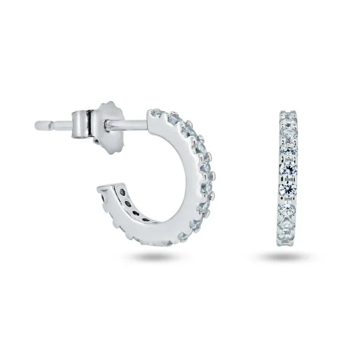 Sterling Silver Rhodium Plated CZ Huggie Semi Hoop Earrings