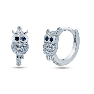 Sterling Silver Rhodium Plated Pave Huggie Owl Hoop Earrings