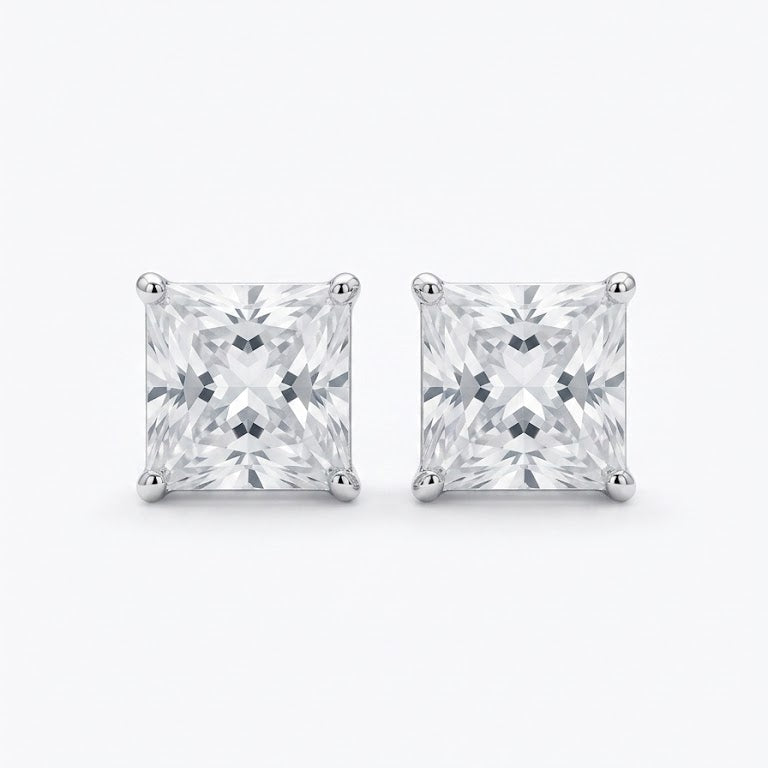 10k White Gold Princess-Cut CZ Studs Earrings