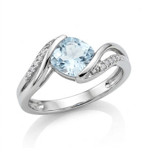 925 Sterling Silver Cushion-Cut Sky Blue Topaz and Diamonds Pave Ring