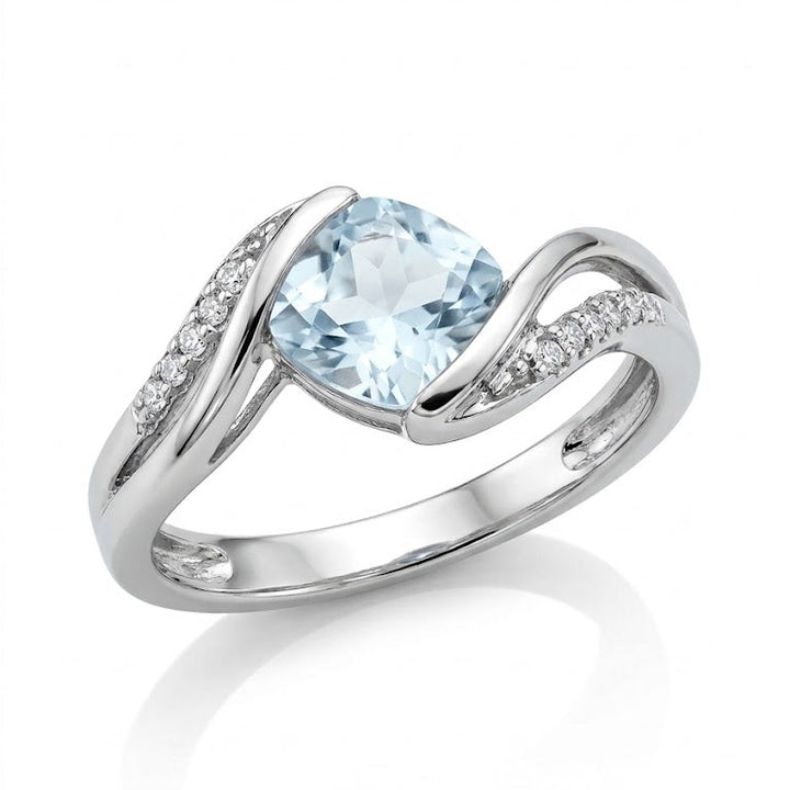 925 Sterling Silver Cushion-Cut Sky Blue Topaz and Diamonds Pave Ring
