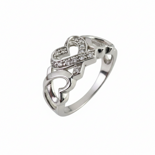 925 Sterling Silver Triple Heart Lab-Grown Diamond Accent Statement Ring