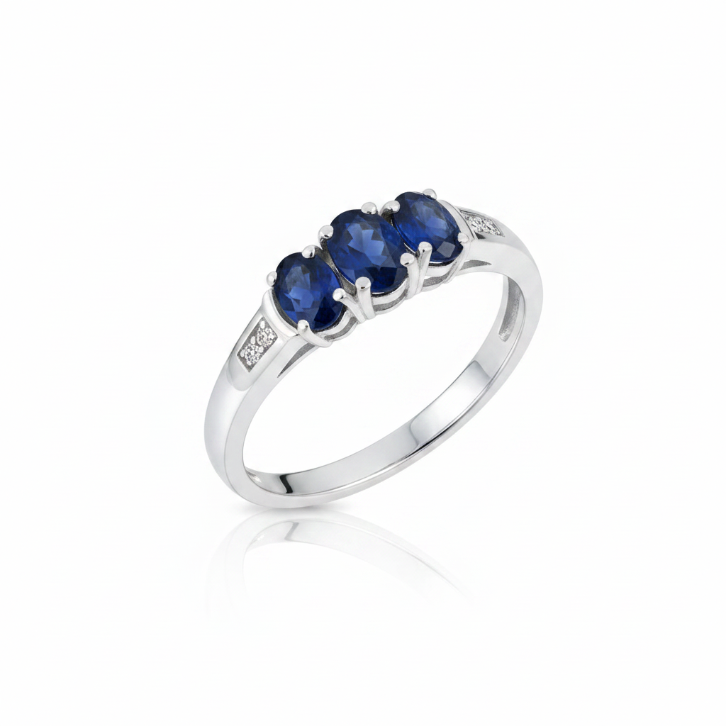 10K White Gold Triple Sapphire and Diamond Ring