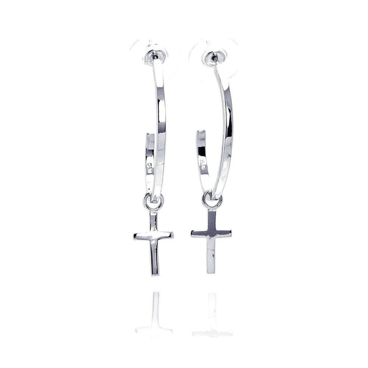 Silver 925 Rhodium-Plated Double Hanging Cross Earrings