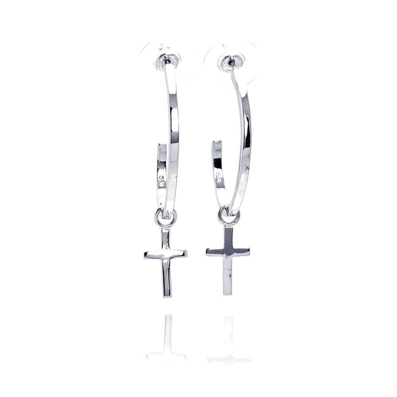 Silver 925 Rhodium Plated Double Hanging Cross Earrings