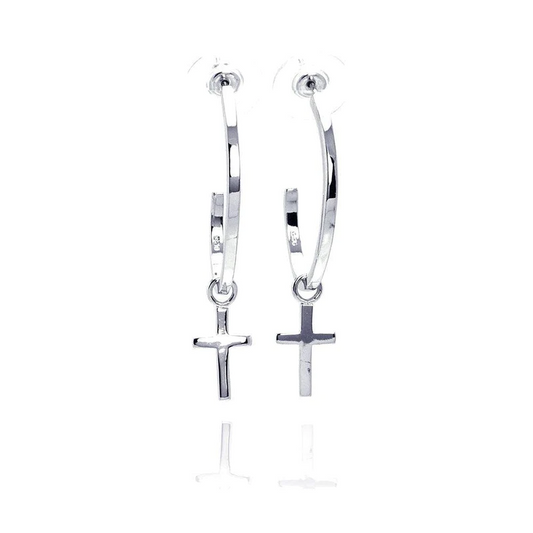 Sterling Silver 925 Rhodium Plated  Hoop Earring with cross
