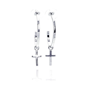 Sterling Silver 925 Rhodium Plated  Hoop Earring with cross