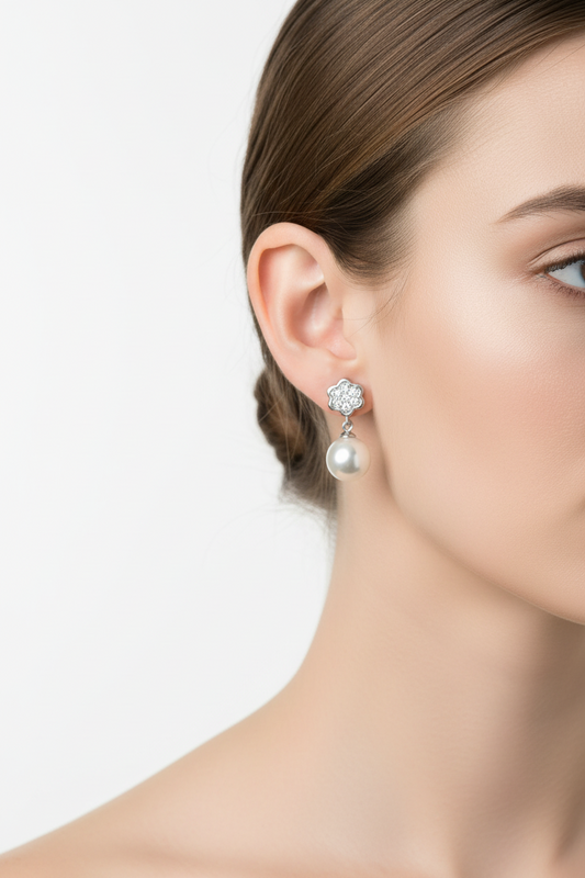 Silver 925 Rhodium-Plated Flower CZ Inlay Dangling Pearl Stud Earrings