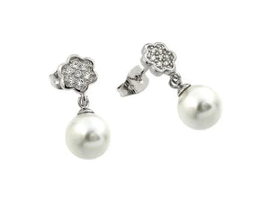 Silver 925 Rhodium-Plated Flower CZ Inlay Dangling Pearl Stud Earrings