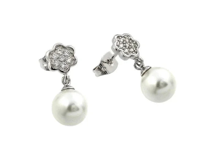 Silver 925 Rhodium-Plated Flower CZ Inlay Dangling Pearl Stud Earrings