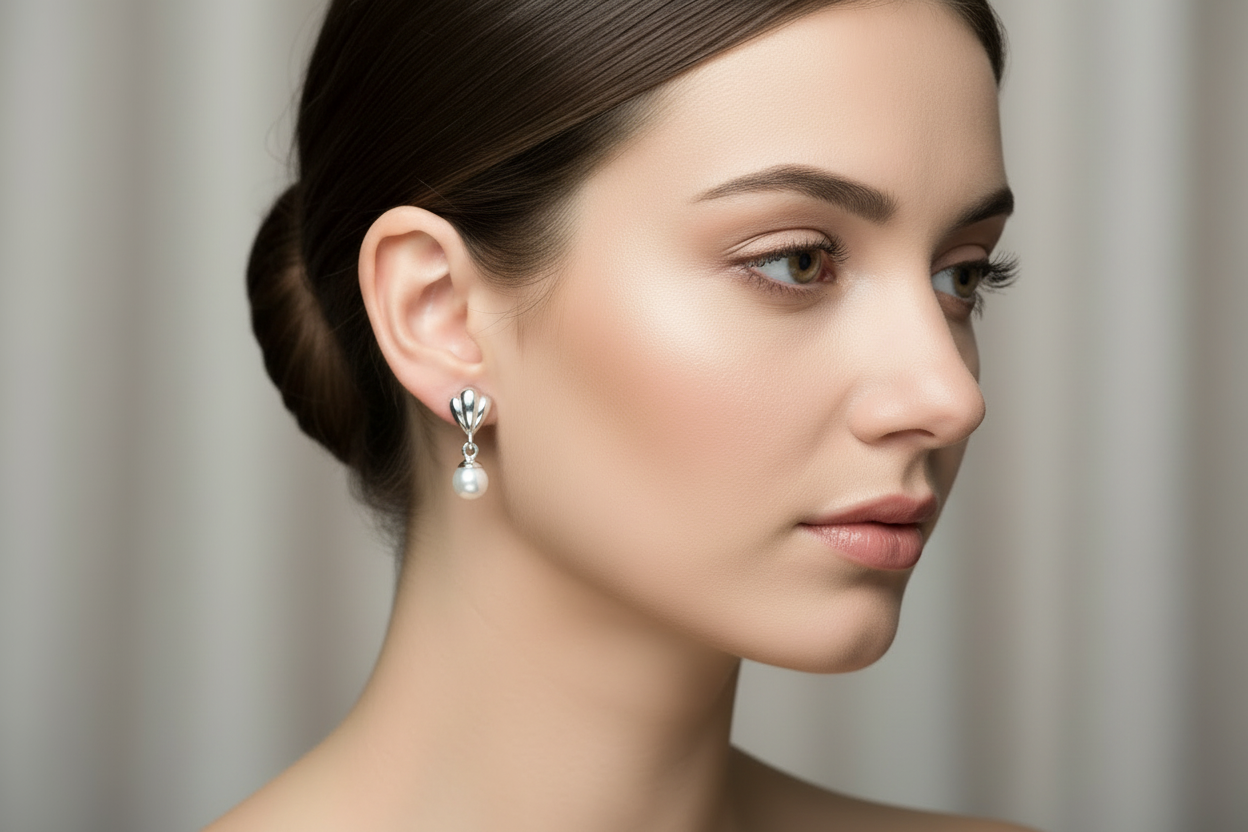Silver 925 Rhodium-Plated Synthetic Pearl Dangling Stud Earrings