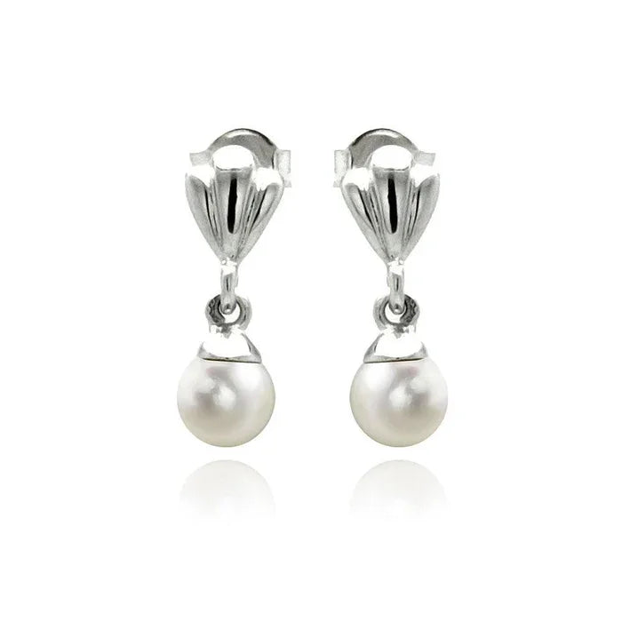 Silver 925 Rhodium Plated Synthetic Pearl Dangling Stud Earrings