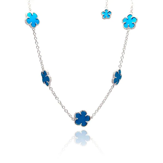 Silver Rhodium Plated Blue Flower Necklace