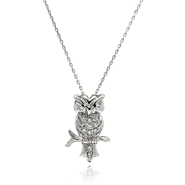 Silver Rhodium Plated Owl CZ Necklace