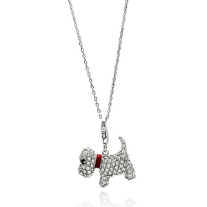 Silver Rhodium Plated Dog with Red Enamel Leash Necklace