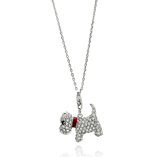 Silver Rhodium Plated Dog with Red Enamel Leash Necklace