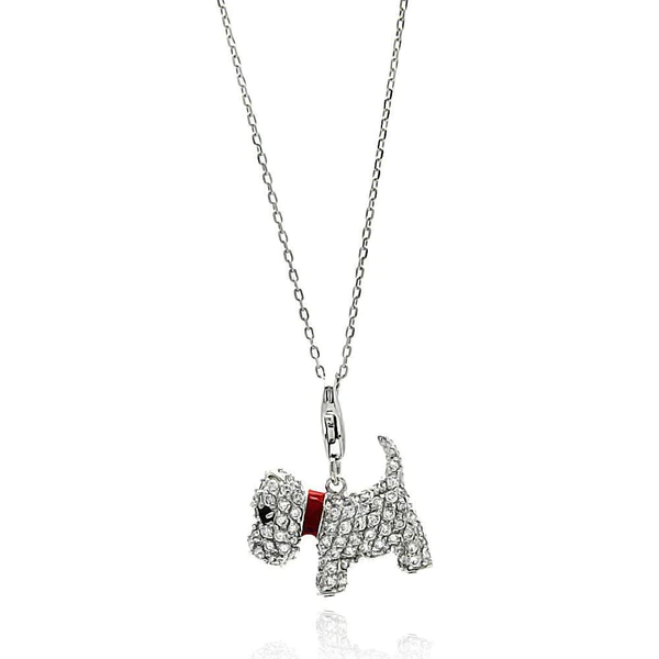 Silver Rhodium-Plated Dog with Red Enamel Leash Necklace