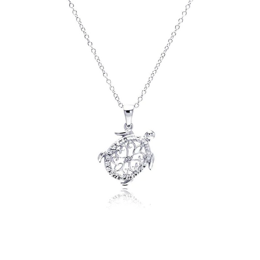 Silver Rhodium Plated Clear CZ Turtle Pendant Necklace