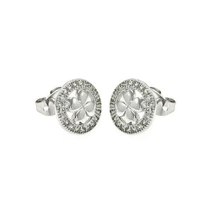 Silver 925 Rhodium-Plated Open Circle Clover CZ Stud Earrings