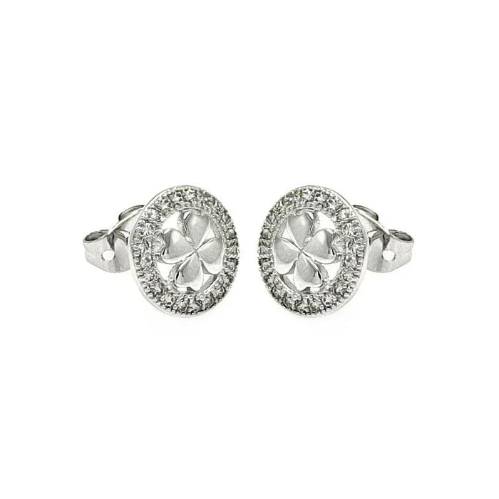 925 Sterling Silver Rhodium-Plated Open Circle Clover CZ Stud Earrings