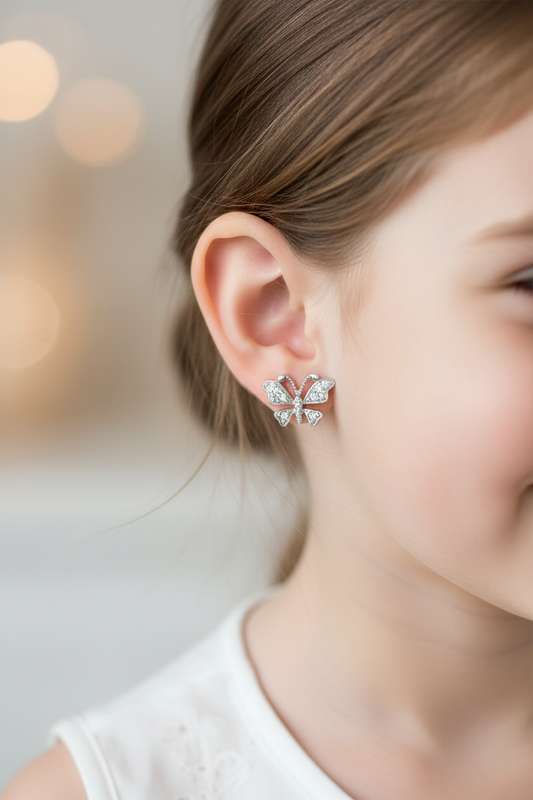 Silver 925 Rhodium Plated Open Butterfly CZ Stud Earrings
