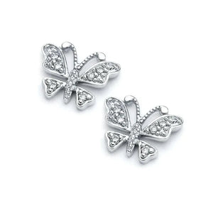 Silver 925 Rhodium Plated Open Butterfly CZ Stud Earrings