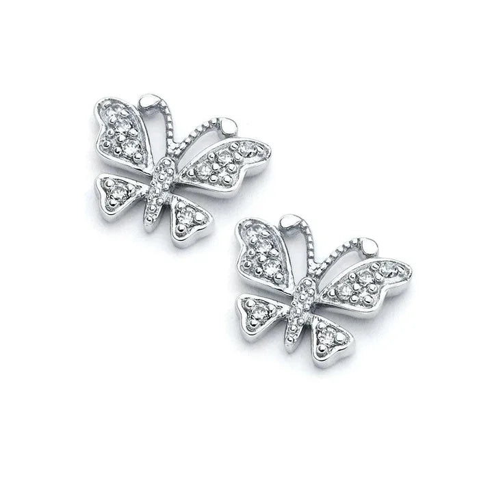 925 Sterling Silver Rhodium-Plated Open Butterfly CZ Stud Earrings