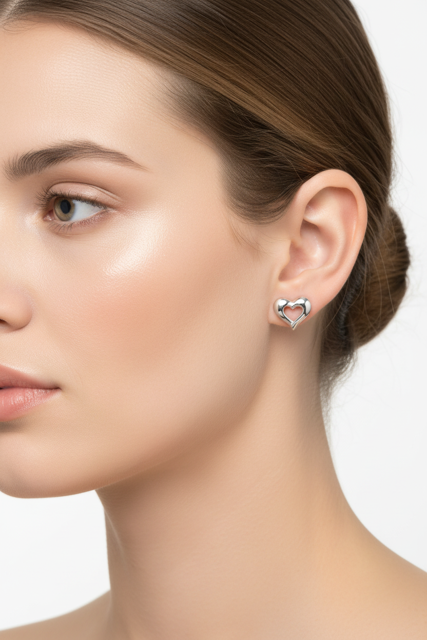 Silver 925 Rhodium Plated Open Hear Stud Earrings